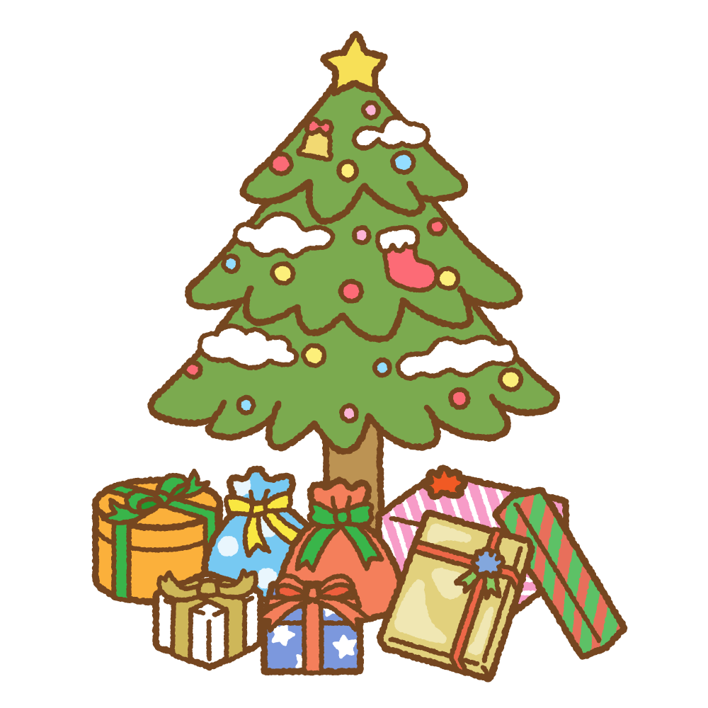 クリスマスツリーの下に置かれたたくさんのプレゼントのフリーイラスト Clip art of presents under a christmas-tree