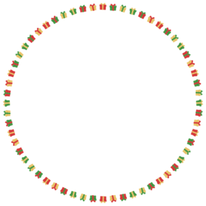 クリスマスカラーのプレゼントの丸フレーム素材のフリーイラスト Clip art of christmas present-box circle frame