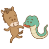 ヘビからウマへバトンタッチのフリーイラスト Clip art of baton-pass mi-uma